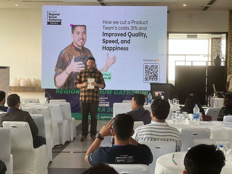 Isaiah McPeak presenting at Regional Scrum Gathering in Dhaka